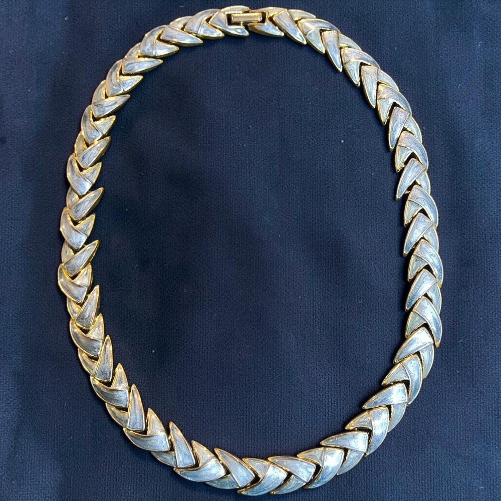 Vintage MCM Slate Blue Marbled Enamel Chevron Choker 16"